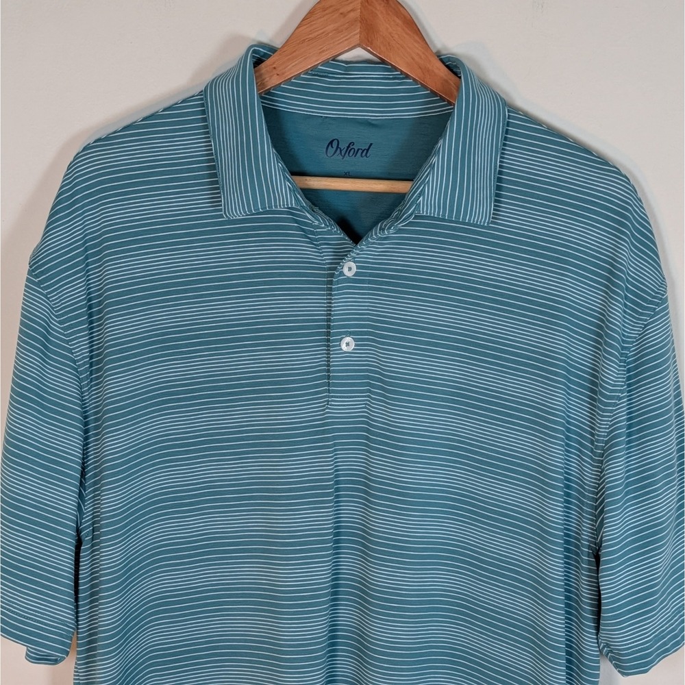 Oxford Mens XL Blue/Green White Striped Polo Shirt Tencel Stretch Golf